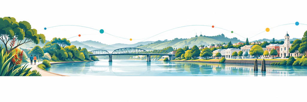 Illustrated Whanganui riverscape with bridge, town buildings and coloured connection lines and dots representing digital inclusion.